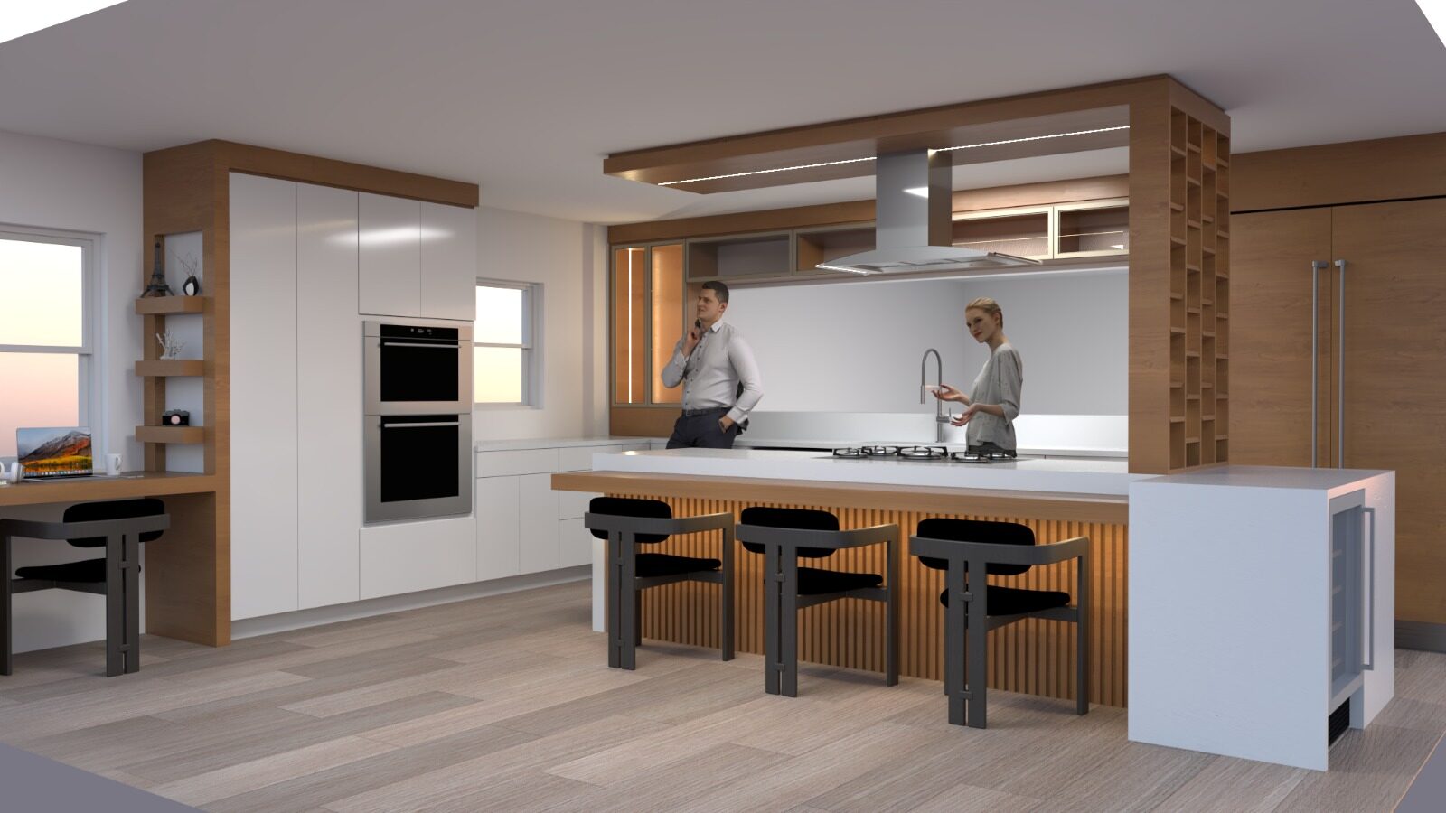 3D kitchen design concept with island and wine fridge