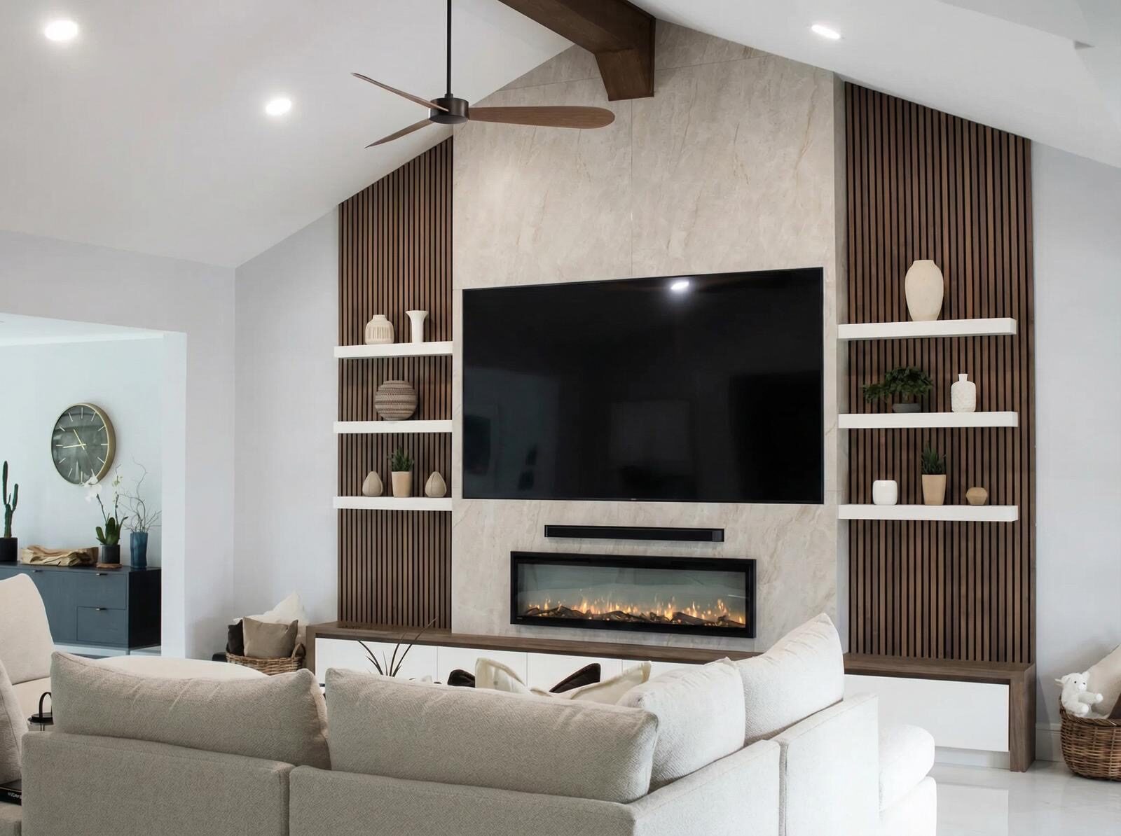 Completed living room fireplace and built-in shelving